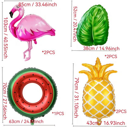 7pcs Hawaiian Pie Decoration Balloon Set, including oversized flamingo balloons, palm leaf pineapple watermelon balloons, Hawaii