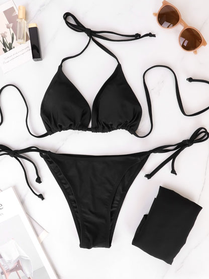 Women's Bikini Set Summer Beach Style Solid Black Lady's Sexy Swimsuit Bikini Three-Piece Set Triangle Bandage Female Beachwear