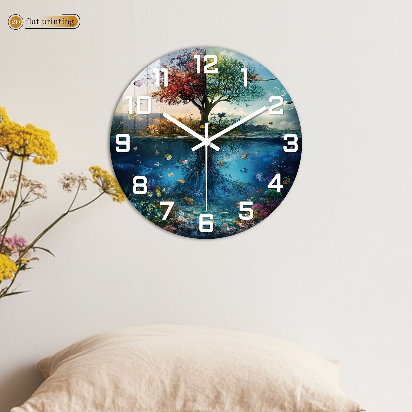 Tree of Life with Underwater Scene Wall Clock, Nature Harmony Theme Decor, Silent Quartz Movement Decorative Timepiece