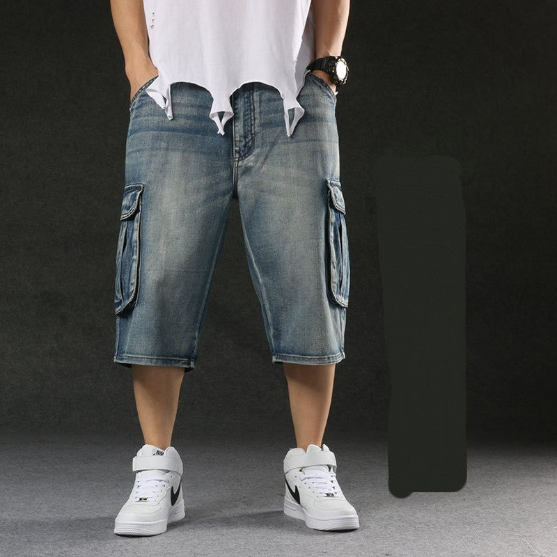 2025 new European and American multi pocket work pants, seven quarter denim shorts, men's wide leg loose oversized trendy brand