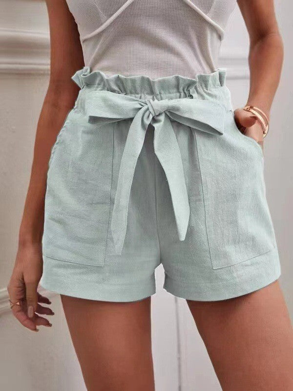 Europe and America Cross border New Summer Women's Loose Linen Casual Shorts Pockets Solid Large High Waist Wide Leg Pants