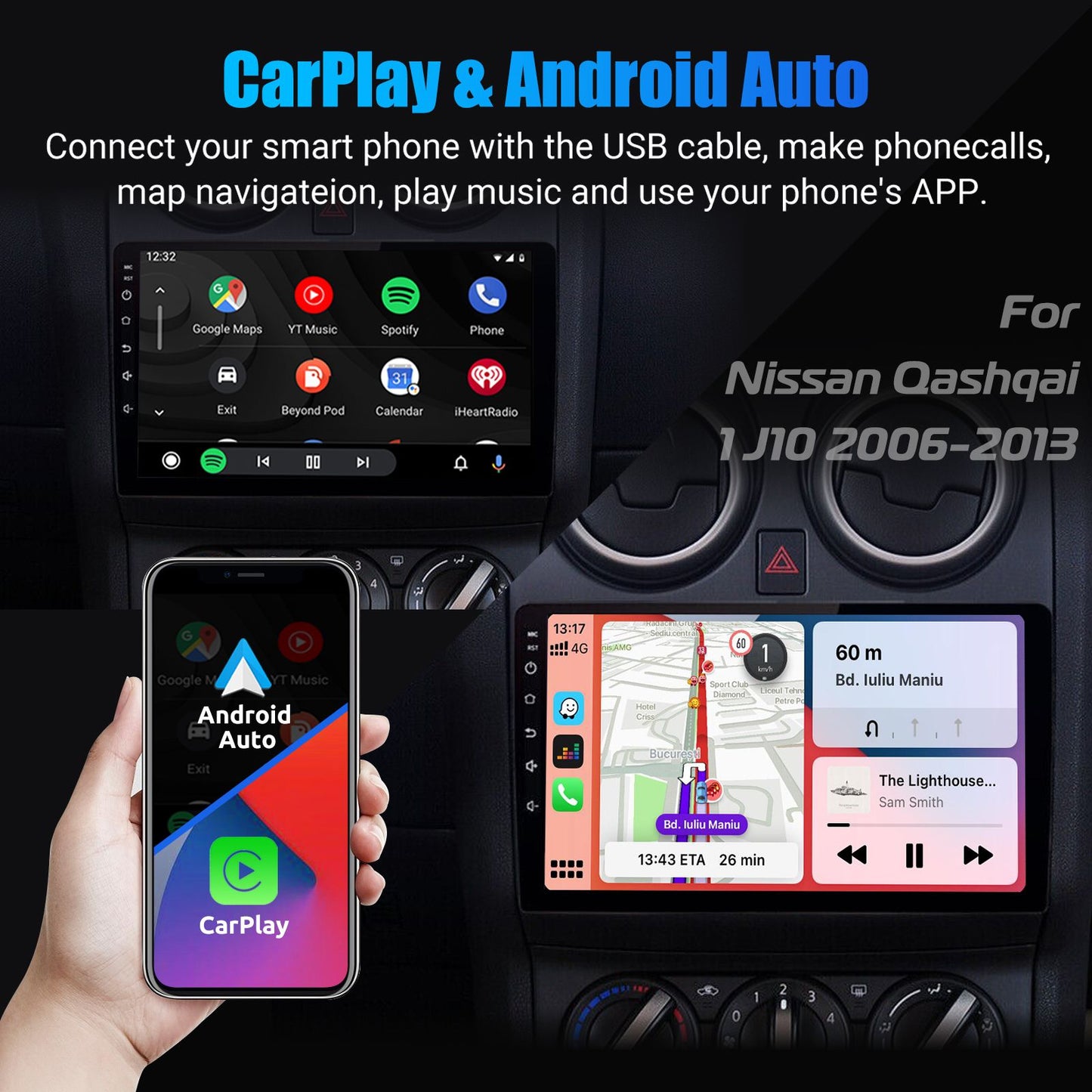 Rádio automotivo ESSGOO para Nissan Qashqai J10 2008 - 2013 Wireless Carplay Android Auto 2 Din GPS Navegador Wi-Fi FM BT Som Automotivo