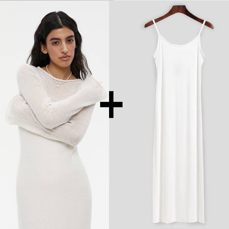 Hirsionsan Spring Autumn O-Neck Elastic Knit Long Dresses Women 2024 Elegant Chi