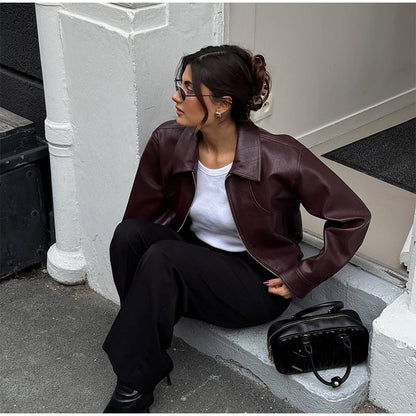 Full Sleeve Cropped Women Casual Slim Thin Motorcycle Coat Chic Zipper Lapel Wine Red Leather Jacket Lady New Highstreet Outwear