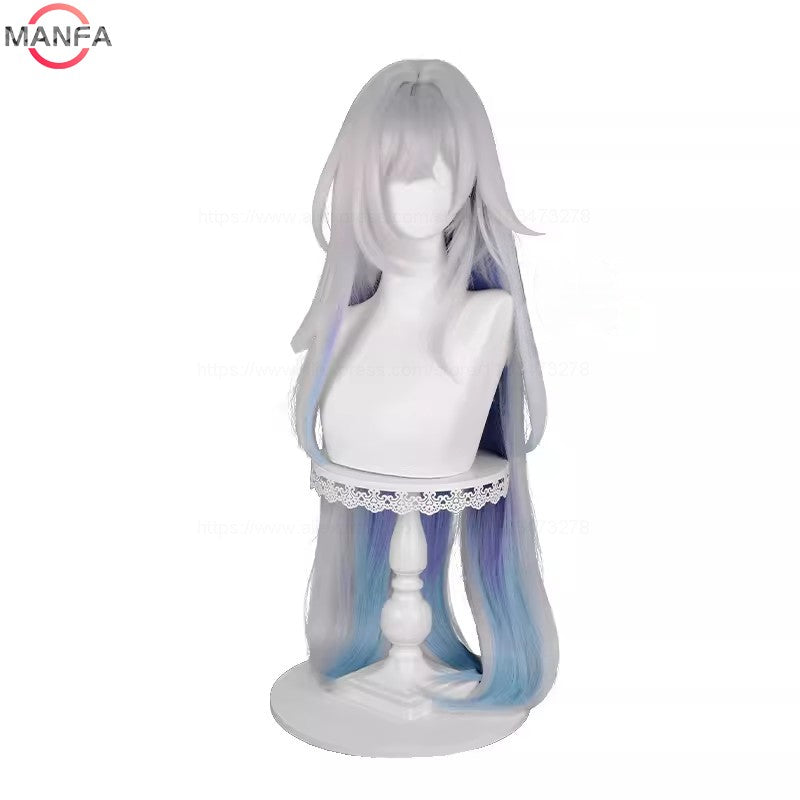 Peruca Skirk Cosplay 105cm Longa Branca Prateada com Gradiente Azul Cabelo Sintético Resistente ao Calor Perucas de Anime + Touca de Peruca