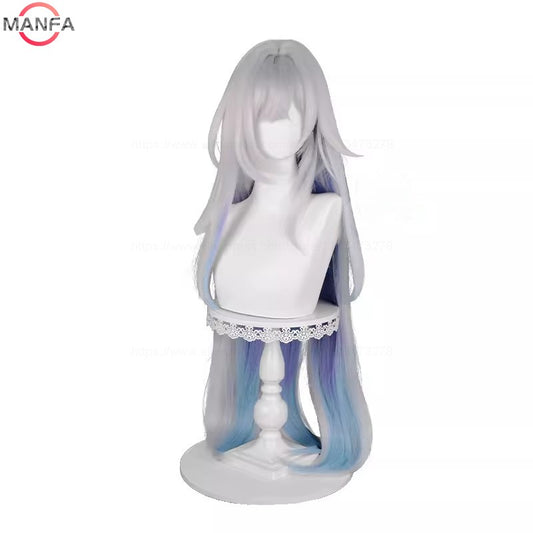 Skirk Cosplay Wig 105cm Long Silver White with Blue Gradient Heat Resistant Synthetic Hair Anime Wigs + Wig Cap
