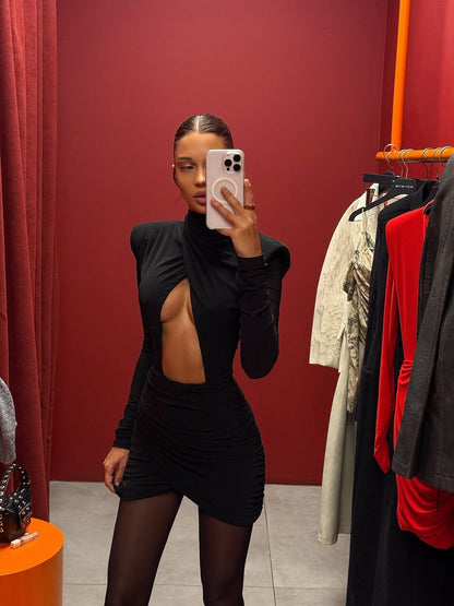 Sexy Hollow-out Pleated Mini Dress Women Fashion Solid Half High Collar Long Sleeve Slim Dresses 2025 Lady Party Club Robes