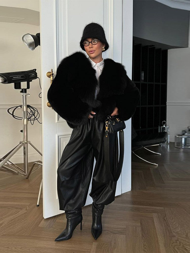 Street PU Leather Bloomers Women Elastic Waist Hip Hop Wide Leg Pants Street Balloon Lace Up Jogger 2025 Autumn New Casual Pant