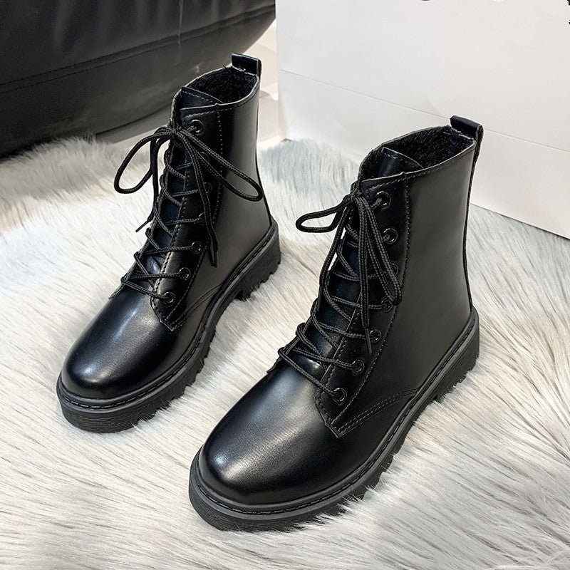 New Style Round Toe Square Heel Cross Strap Fashionable Women's Shoes Casual and Comfortable Plus Velvet Warm Short Boots