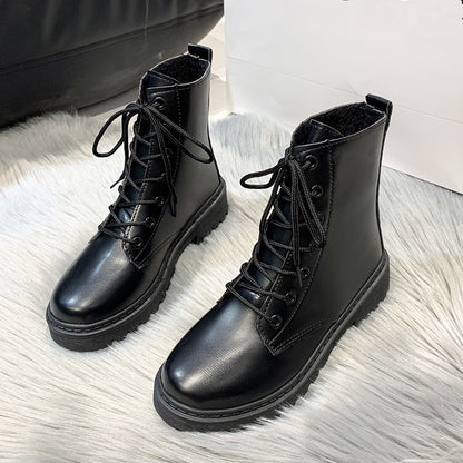 New Style Round Toe Square Heel Cross Strap Fashionable Women's Shoes Casual and Comfortable Plus Velvet Warm Short Boots