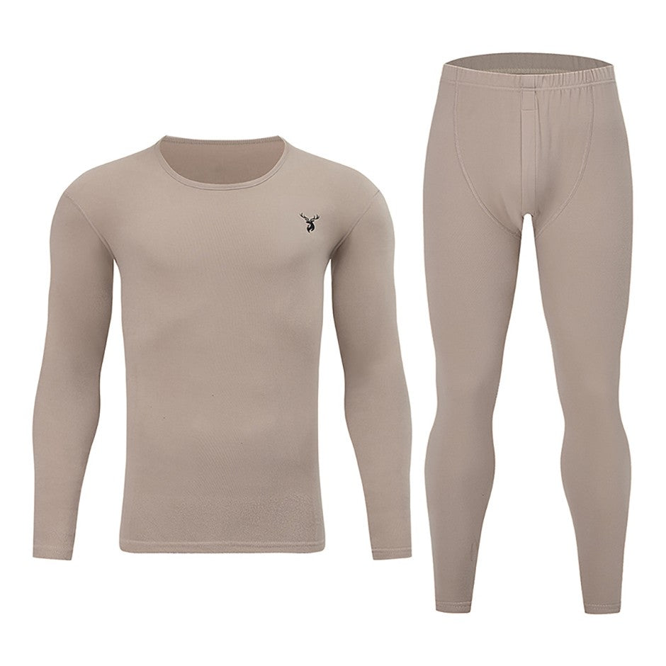 2-piece Autumn And Winter Men's Fashion Lucky Deer Pattern Solid Color Basic Warm Underwear Set Comfortable Long Sleeve Pants