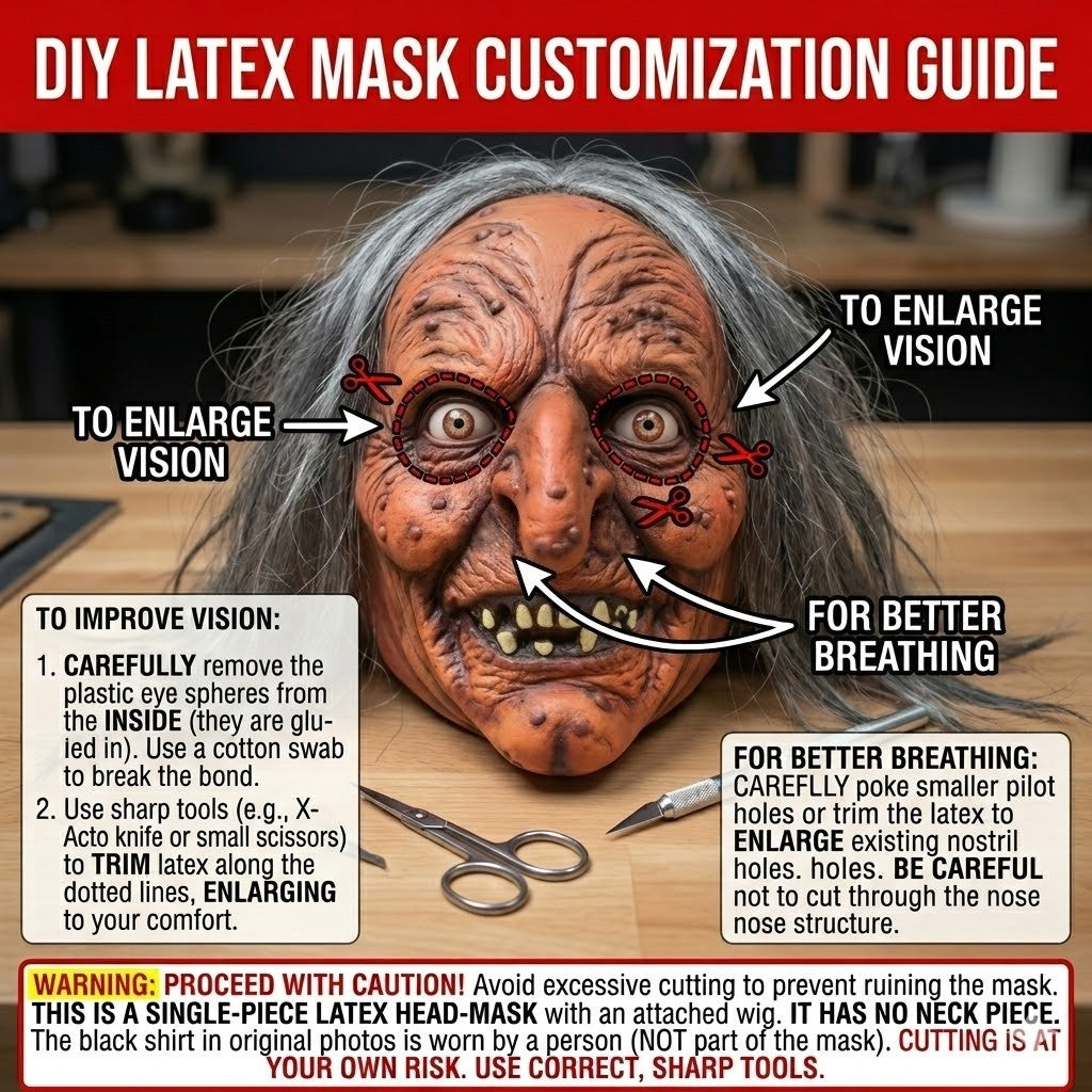 Creepy Witch Mask With Lifelike Wrinkles & Gray Hair - Halloween Scary Costume Accessory For Party/Haunted House/Cosplay