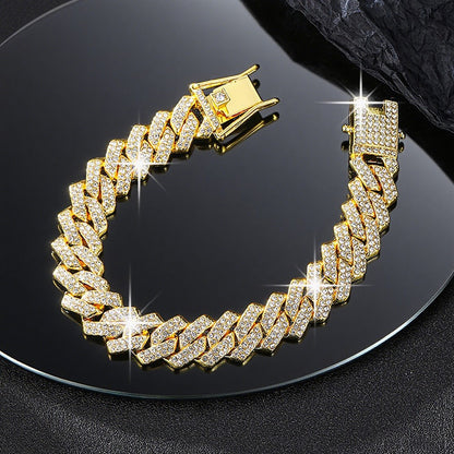 Moda Hip Hop Quadrado 14MM Corrente Cubana Colar Masculino Cor Dourada Feminino Strass Cravejado Corrente Cubana Joias Punk Presente