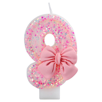 Pink Bow Number Candle Glitter Candle Cake Topper 0-9 for Birthday Anniversary Party Cake Decoration Gifts