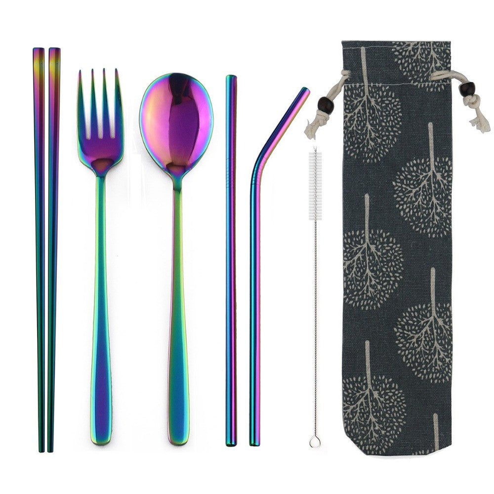 Conjunto de Talheres Portátil de Viagem JANKNG em Aço Inoxidável 304 com Garfo, Colher, Hashi, Canudo, Talheres Arco-Íris com Bolsa