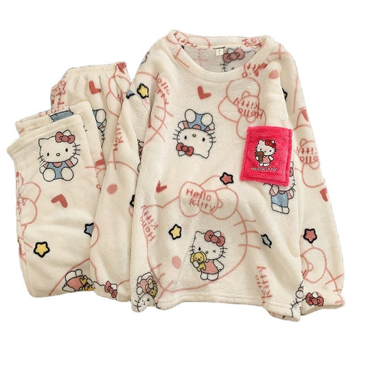 Hello Kitty Women's 2025 Plush Flannel Pullover Pajama Set Winter Cozy Long Sleeve Pants Embroidered Casual Home Loungewear