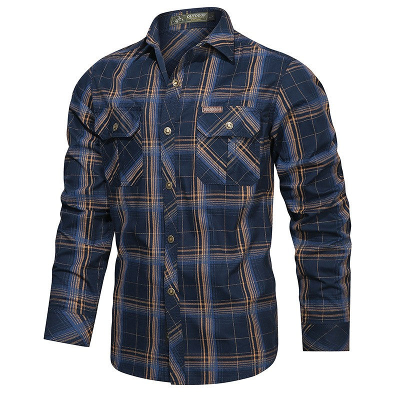 Spring and Autumn New Pure Cotton Plaid Long Sleeve Military Quick-drying Versatile Shirt Men's Casual Tactical Cargo Shirt
