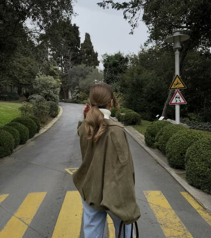 ETJ 2025  Spring new women's suede texture effect Loose version of fashion lapel shoulder bomber jacket