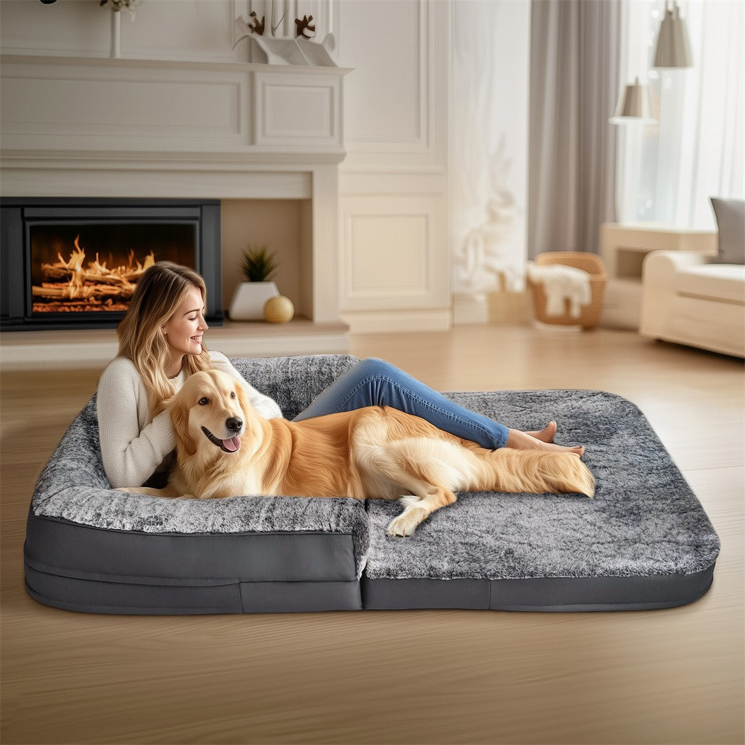 Cama Gigante para Cães, Tamanho Humano, 180cm de Comprimento, Dobrável, Calmante, Capa de Pelúcia, Ortopédica