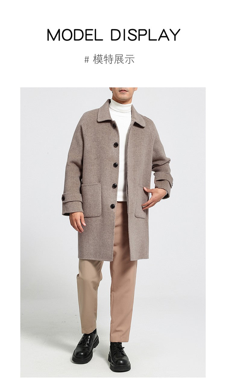 Mid-Length Single-Breasted Polo Collar Men's Overcoat Double-Sided Woolen 100% Pure Wool High-End Coat Fashion Men's Clothing