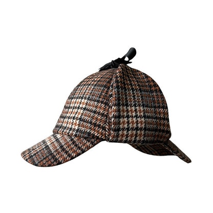 Unisex British-Style Sherlock Holmes Deerstalker Hat for Fall Winter Wool Blend Plaid Double Brim Ear-Warming, Trendy Detective