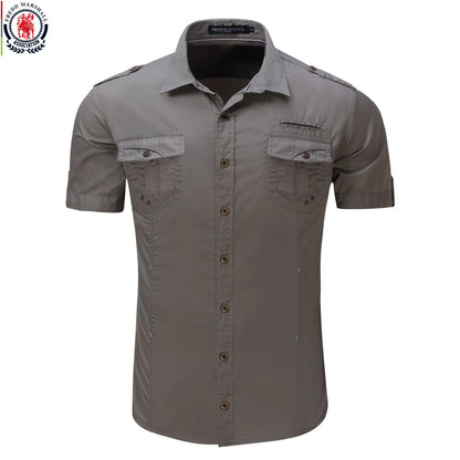 2023 New Fashion Mens Cargo Shirt Casual Shirt Solid Short Sleeve Shirts Multi Pocket Work Shirt Plus Size 100% Polyester Tops