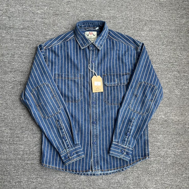 Spring New American Retro Heavyweight Denim Cargo Striped Shirt Men's Simple 100% Cotton Washed Old Casual Blouses Thin Jacket