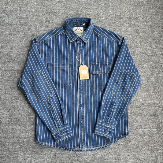 Spring New American Retro Heavyweight Denim Cargo Striped Shirt Men's Simple 100% Cotton Washed Old Casual Blouses Thin Jacket