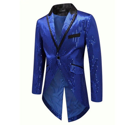Gold Men's V-Neck Long Sleeve Tuxedo, TV Performance Magic Long Jacket Shiny Sequin Decoration Red Blue Black Blazer S-XXL