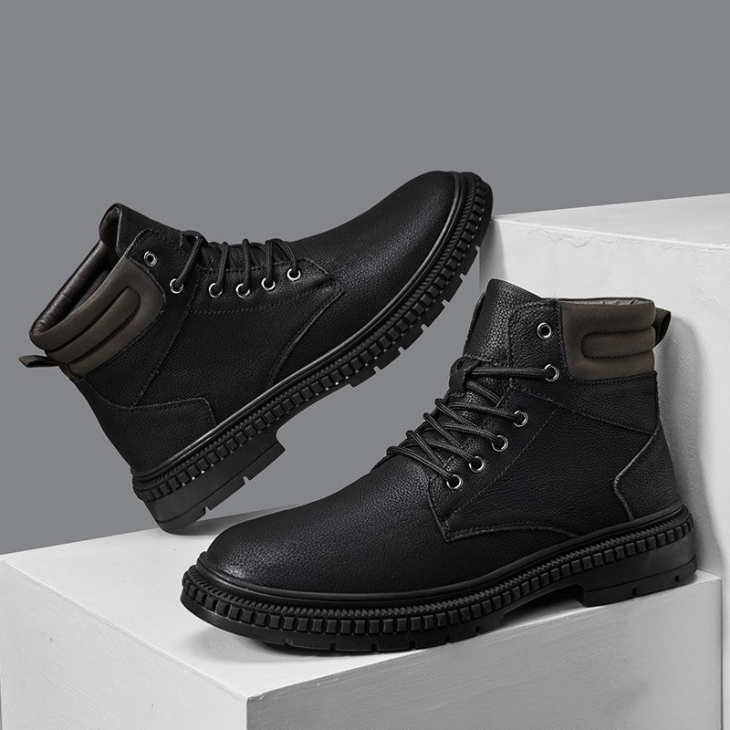 Italian Men's Handmade Genuine Leather Boots Outdoor Antiskid Motorcycle Boot Fashion Thick Bottom Lace-Up Boots Walking Shoes