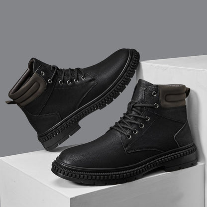 Italian Men's Handmade Genuine Leather Boots Outdoor Antiskid Motorcycle Boot Fashion Thick Bottom Lace-Up Boots Walking Shoes