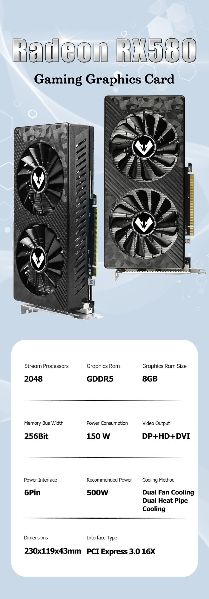 Placa de Vídeo para Jogos MAXSUN RX580 8GB AMD GDDR5 256Bit 2048SP PCI Express 3.0×16 Computador 6 Pinos Saída HDMI NOVA