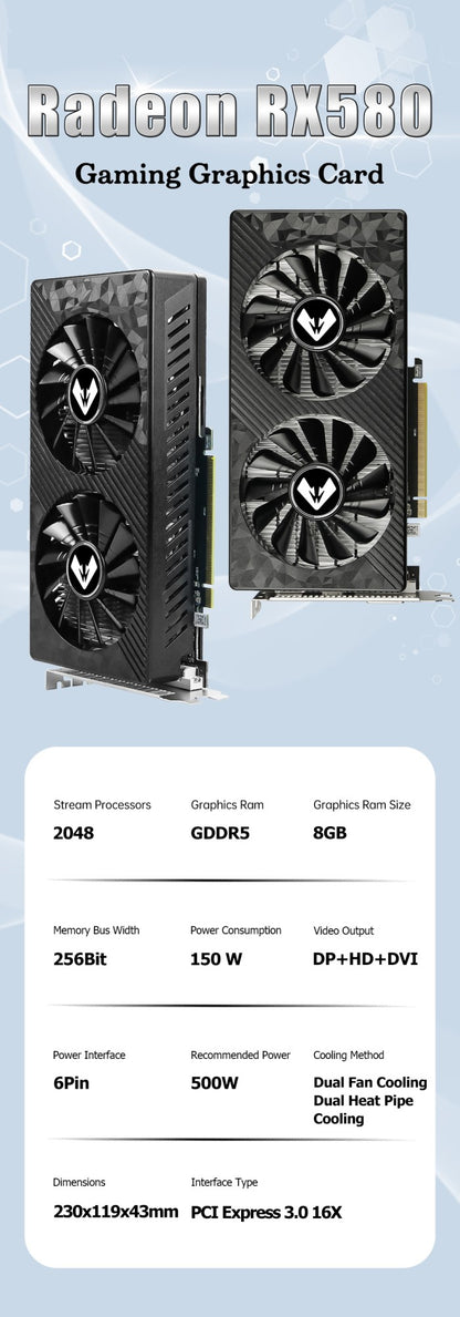 Placa de Vídeo para Jogos MAXSUN RX580 8GB AMD GDDR5 256Bit 2048SP PCI Express 3.0×16 Computador 6 Pinos Saída HDMI NOVA