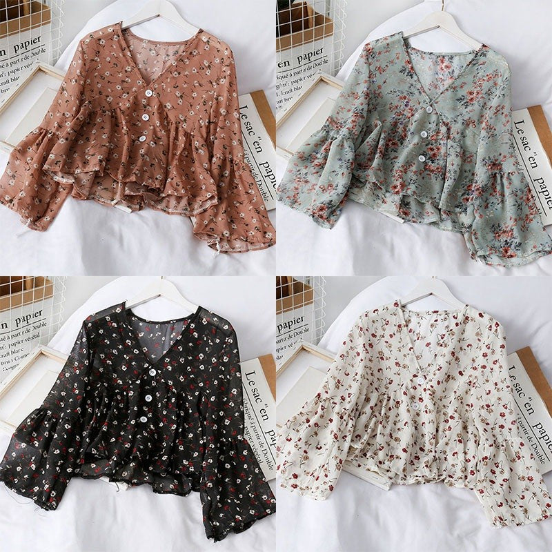 Blouses Women Temperament V Neck Floral Print Sweet Small Fresh Long Sleeves Chiffon Shirt Autumn All-match Short Crop Top