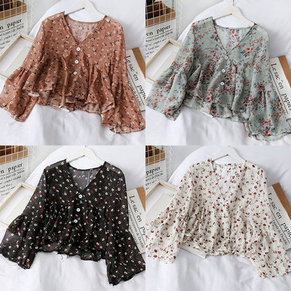 Blouses Women Temperament V Neck Floral Print Sweet Small Fresh Long Sleeves Chiffon Shirt Autumn All-match Short Crop Top