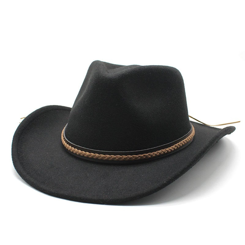 Winter Roll Up Brim Western Cowboy Hat With Leather Retro Gentleman Lady Jazz Cowgirl Cap Church Sombrero Caps