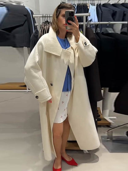 Elegant Stand Collar Long Coat Women Retro Chic Loose Single Breasted White Tweed Coats Lady 2025 Winter Casual Street Overcoats