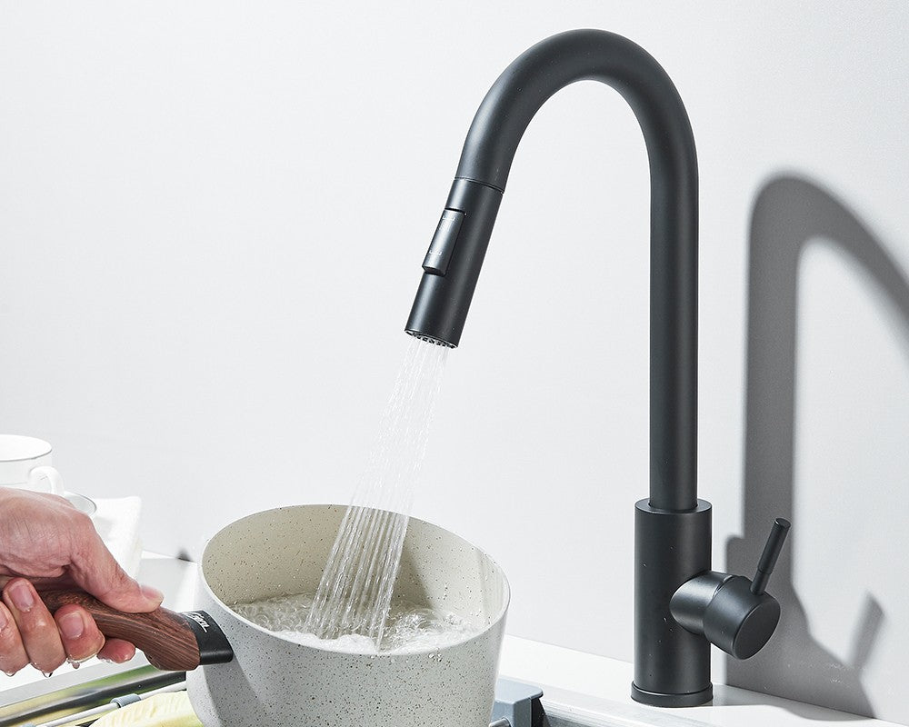 Torneira Misturadora de Cozinha Monocomando Quente e Frio com Bico Extensível e Duas Funções, Montada na Bancada