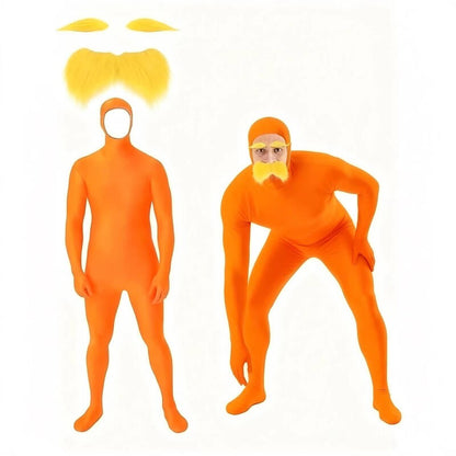 Adult Orange Zentai Bodysuit Open Face Skin Tight Jumpsuit with eard Eyebrow Halloween Cosplay Costume Unisex Full Coverage