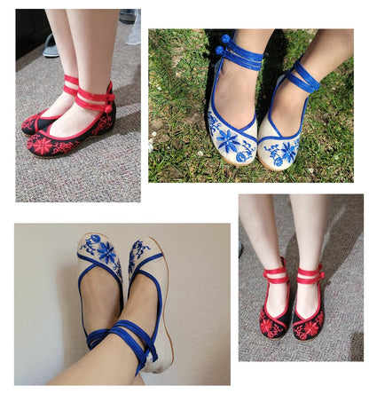 Veowalk Sunflower Embroidered Women Canvas Ballet Flats Ankle Strap Ladies Casual Cotton Chinese Embroidery Ballerina Shoes