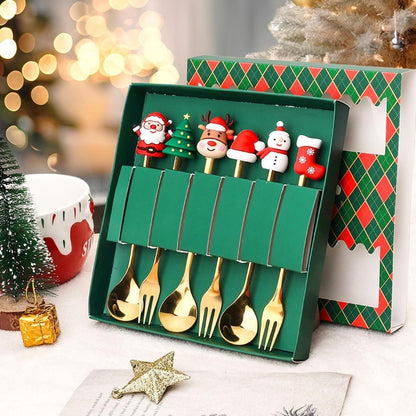 Conjunto 6 Peças de Garfos e Colheres Papai Noel Árvore de Natal Aço Inoxidável Colher de Café Sobremesa Utensílios de Mesa para Festa de Natal Presente Requintado
