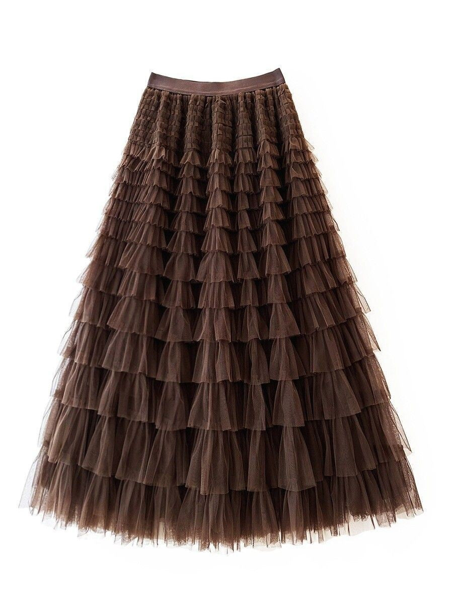 HOT Solid Multilayer Ruffle Mesh Skirt Women Boho High Waist Long Maxi Tulle Skirt Spring Summer Party Women's Clothing
