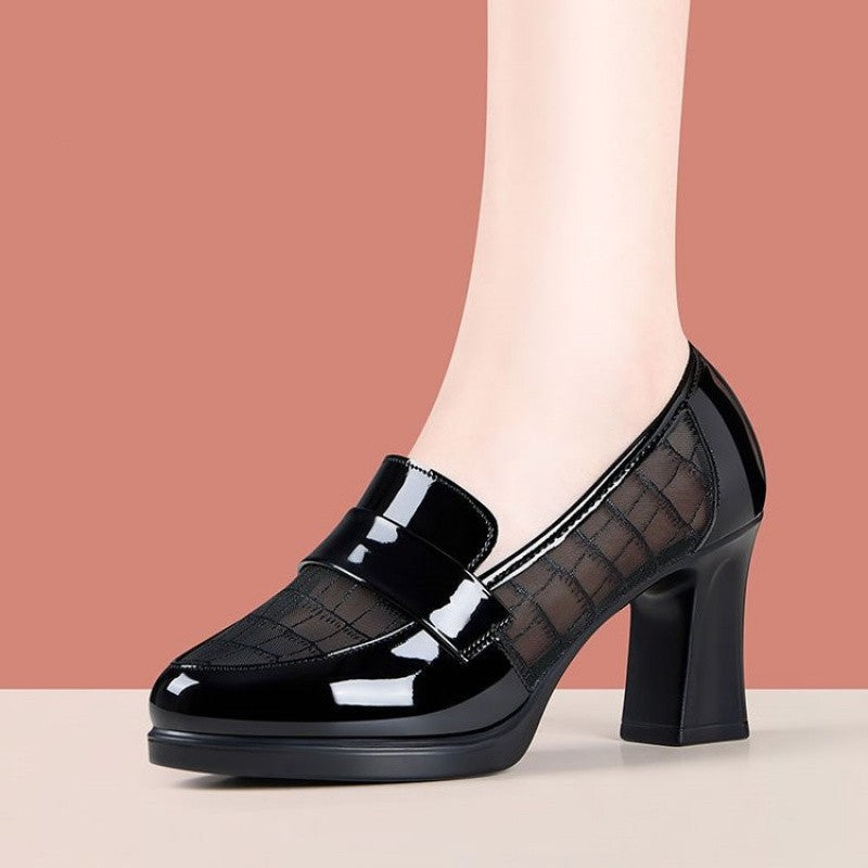 2025 Primavera/Outono Salto Alto Feminino de Malha e Couro - Mocassins de Salto Médio Vazado em Couro Macio com Sola Macia e Salto Grosso