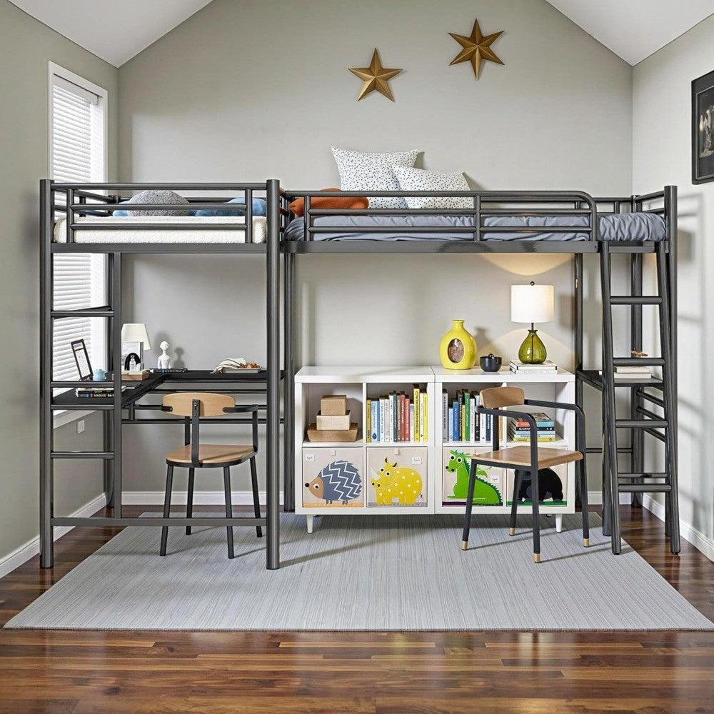Twin Size L-Shaped Loft Bed with 2 Built-in Desks Metal Heavy-Duty Bunk with Safety Guard Rail And 2 Ladders Corner Bed