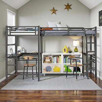 Twin Size L-Shaped Loft Bed with 2 Built-in Desks Metal Heavy-Duty Bunk with Safety Guard Rail And 2 Ladders Corner Bed
