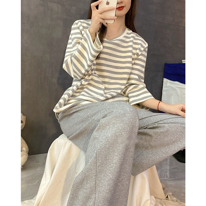Women's Fall Pajamas with Chest Pads Striped Long Sleeve Plus Size O-Neck Simple Casual Fashion Korean School Pajamas Homewear