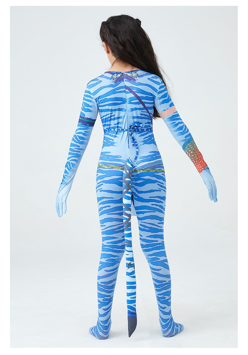 Girls Avatar 2 Neytiri Costume Tail Suit Boys Jake Sully Cosplay Zentai Bodysuit Jumpsuit Kids Halloween Birthday Party Costume