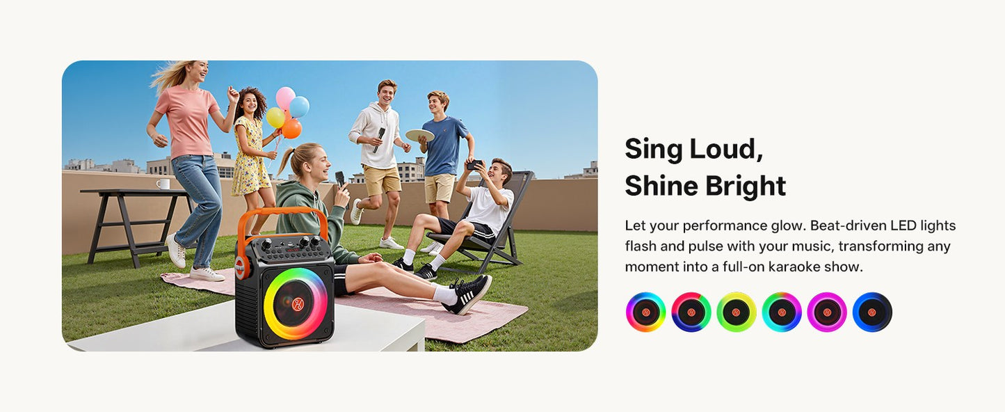 Caixa de Som Karaokê Bluetooth de Alta Potência T35, Luz Rítmica Musical, Som Estéreo Surround 360 Graus, Subwoofer Sem Fio com Microfone Duplo