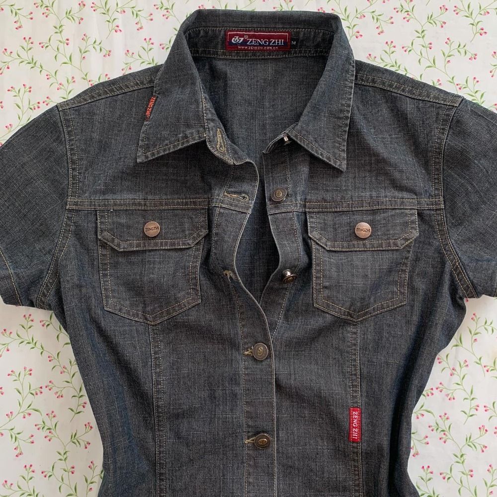 Y2k retro solid color denim material women T-shirt single-row button Harajuku slim short denim shirt casual top