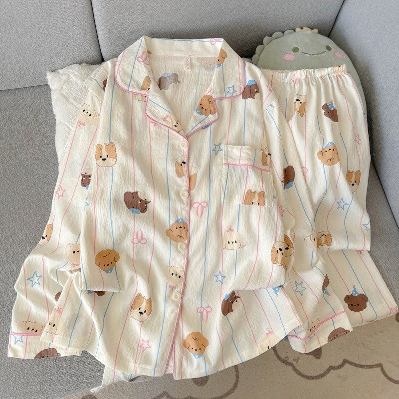 Harajuku Style Kawaii Sweet Loungewear 2 PC Set Line Star Dog Print Cute Casual Women's Pajamas Autumn Long New Fashion Homewear